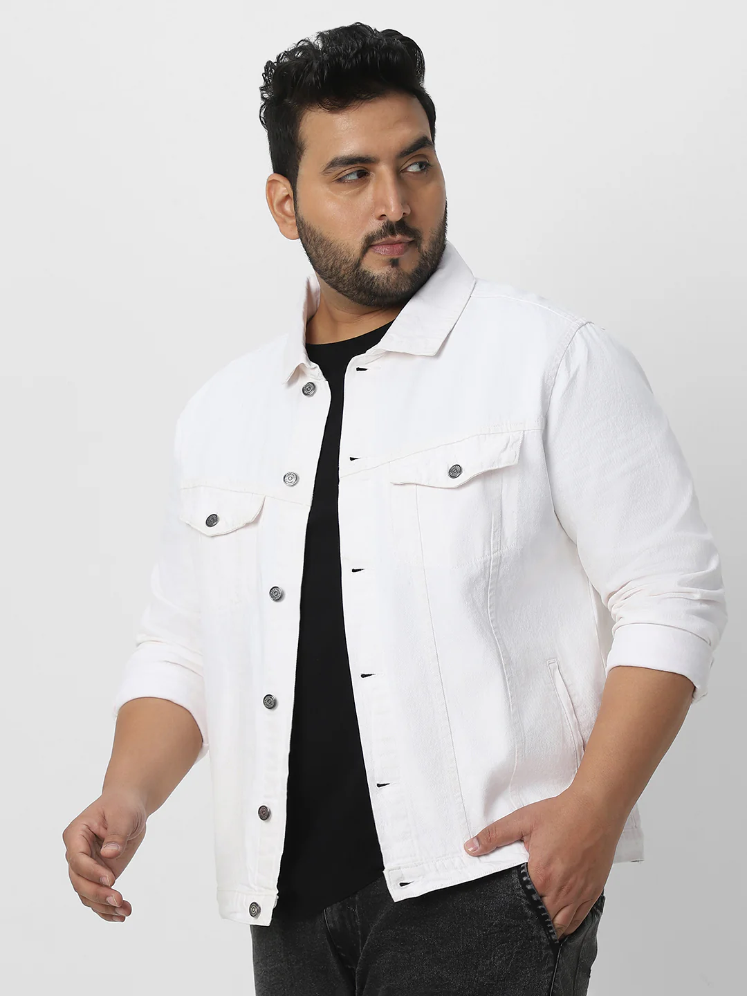 Plus Men's White Regular Fit Washed Full Sleeve Denim Jacket - Image 3