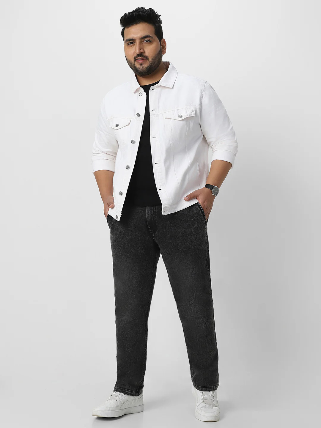 Plus Men's White Regular Fit Washed Full Sleeve Denim Jacket - Image 5