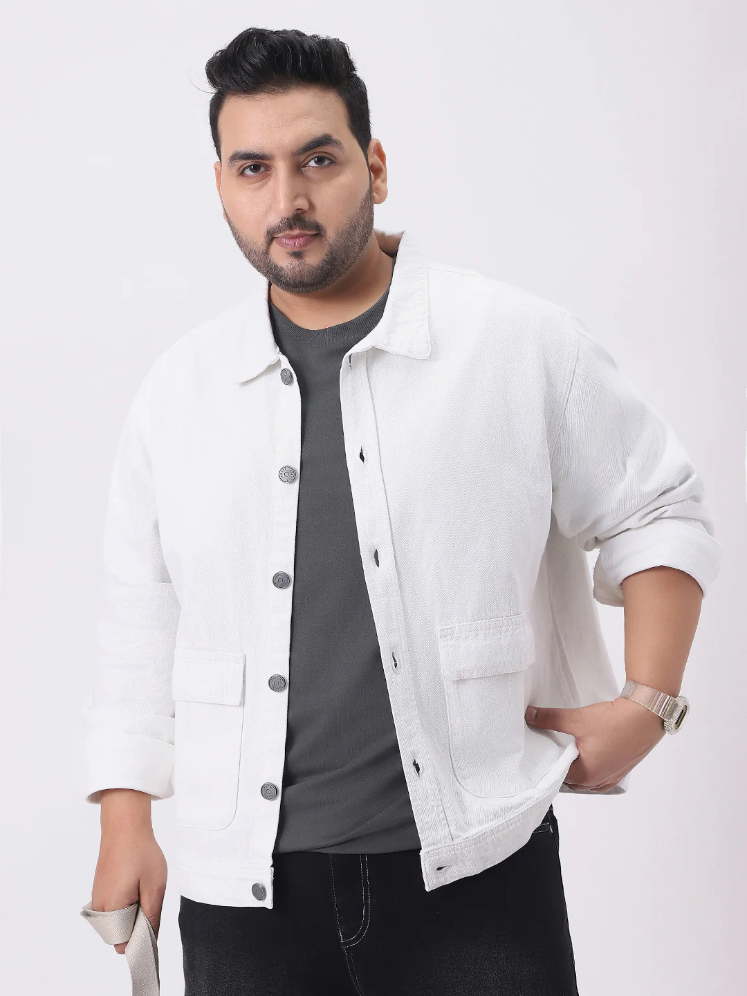 Plus Men's White Relaxed Fit Full Sleeve Utility Denim Jacket - Image 2