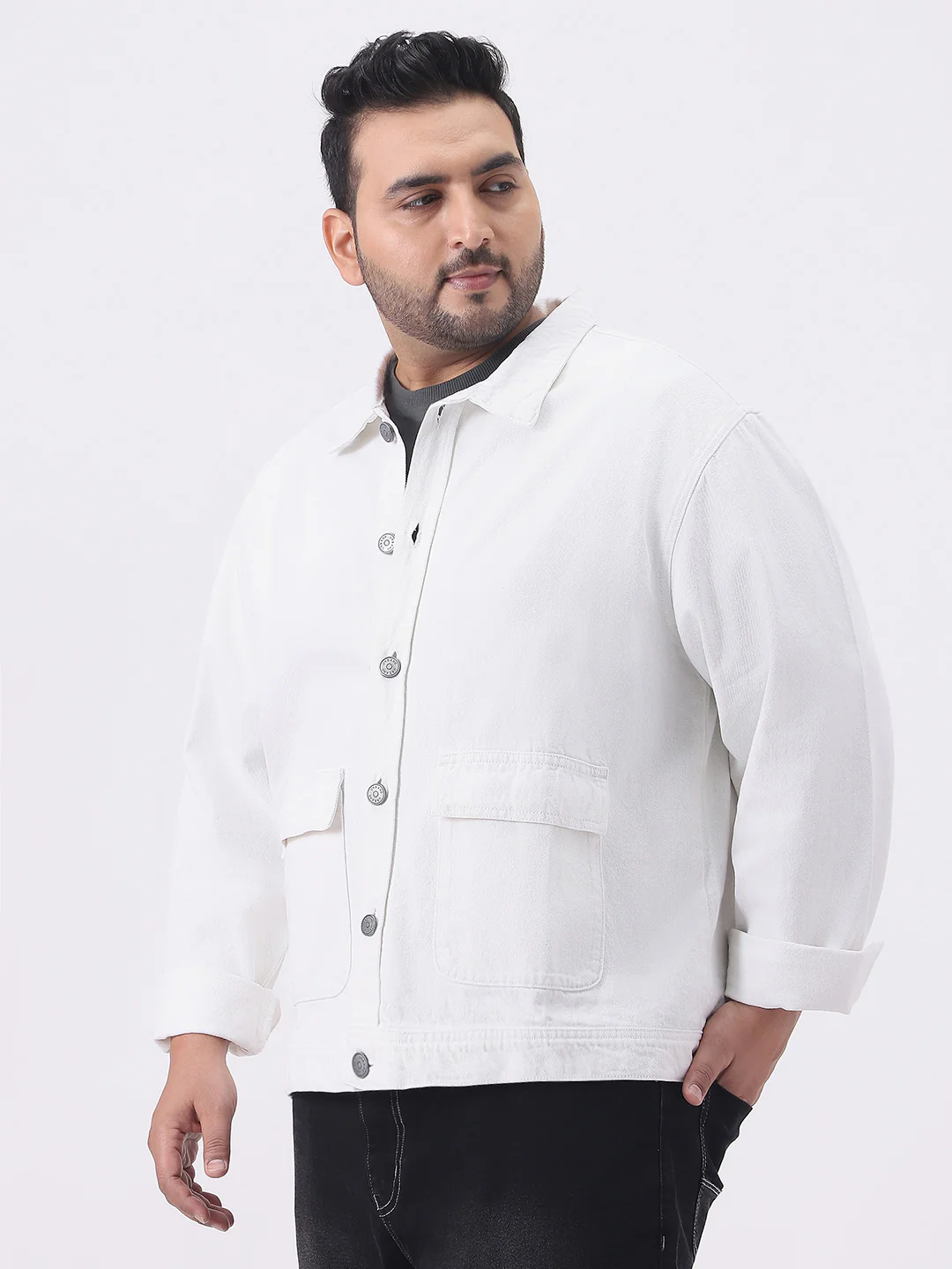 Plus Men's White Relaxed Fit Full Sleeve Utility Denim Jacket - Image 3