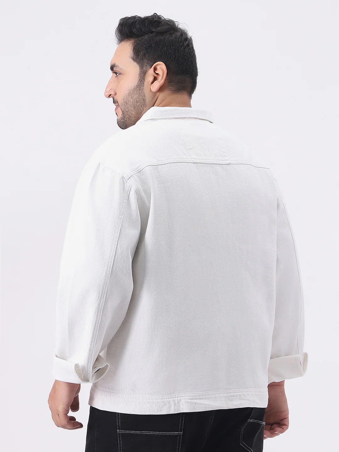 Plus Men's White Relaxed Fit Full Sleeve Utility Denim Jacket - Image 4