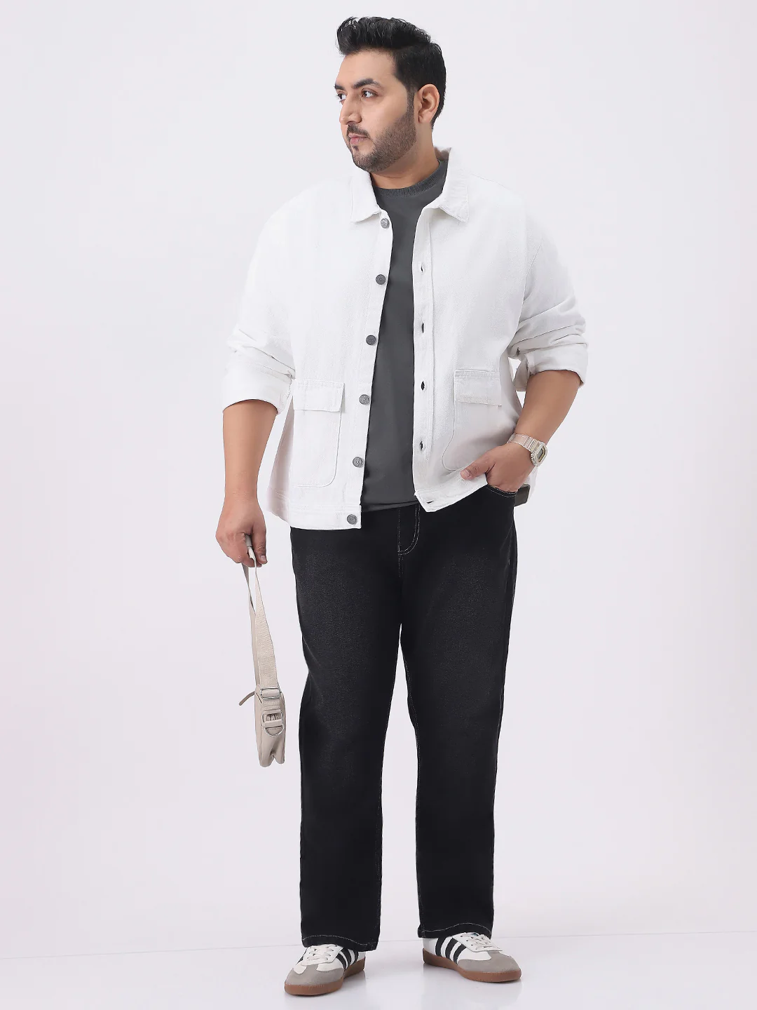 Plus Men's White Relaxed Fit Full Sleeve Utility Denim Jacket - Image 5