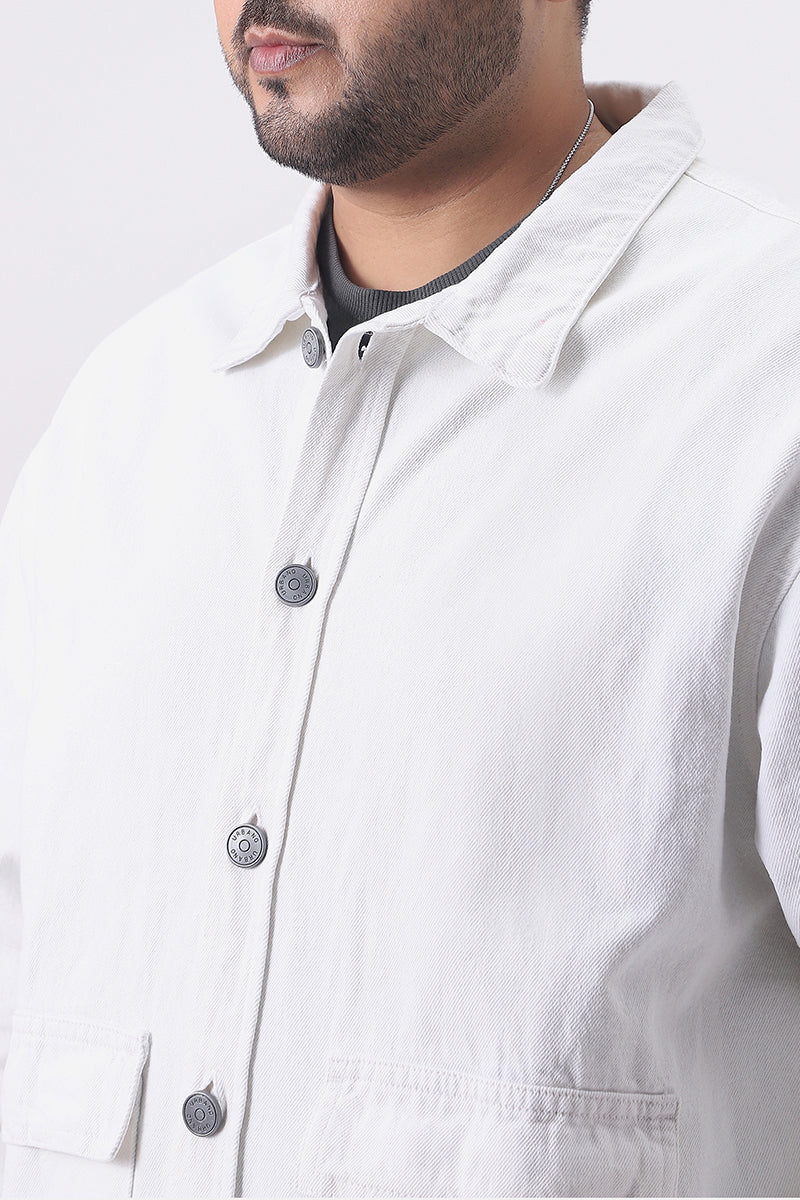Plus Men's White Relaxed Fit Full Sleeve Utility Denim Jacket - Image 6