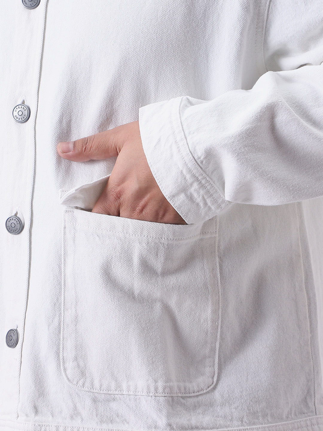 Plus Men's White Relaxed Fit Full Sleeve Utility Denim Jacket - Image 7