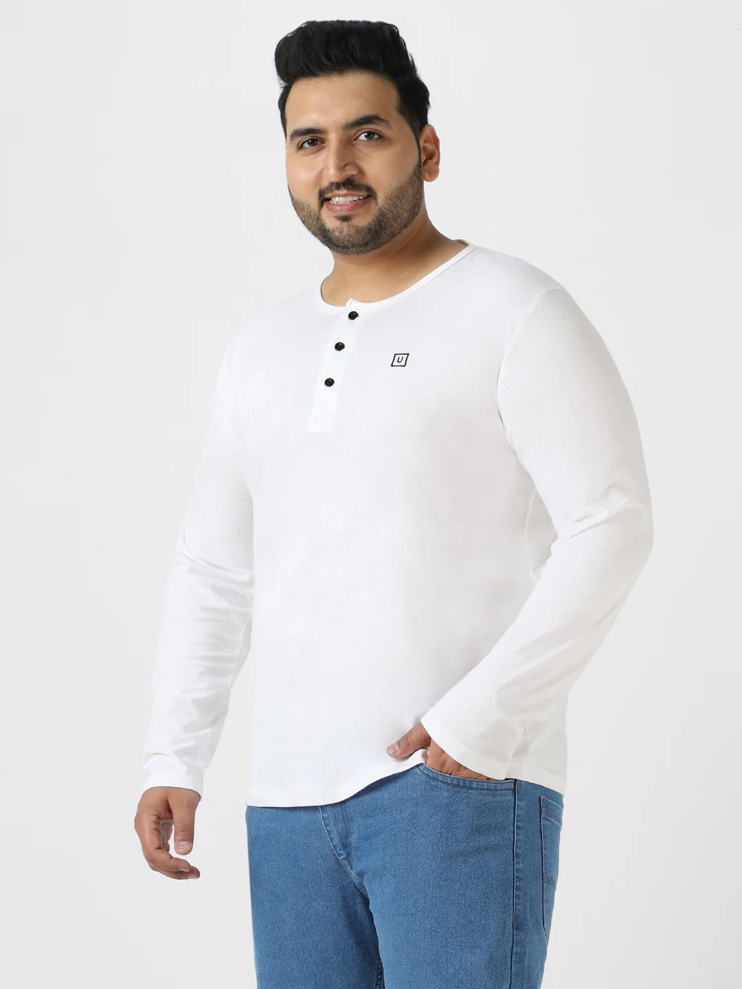 Plus Men's White Solid Henley Neck Regular Fit Full Sleeve Cotton T-Shirt - Image 3