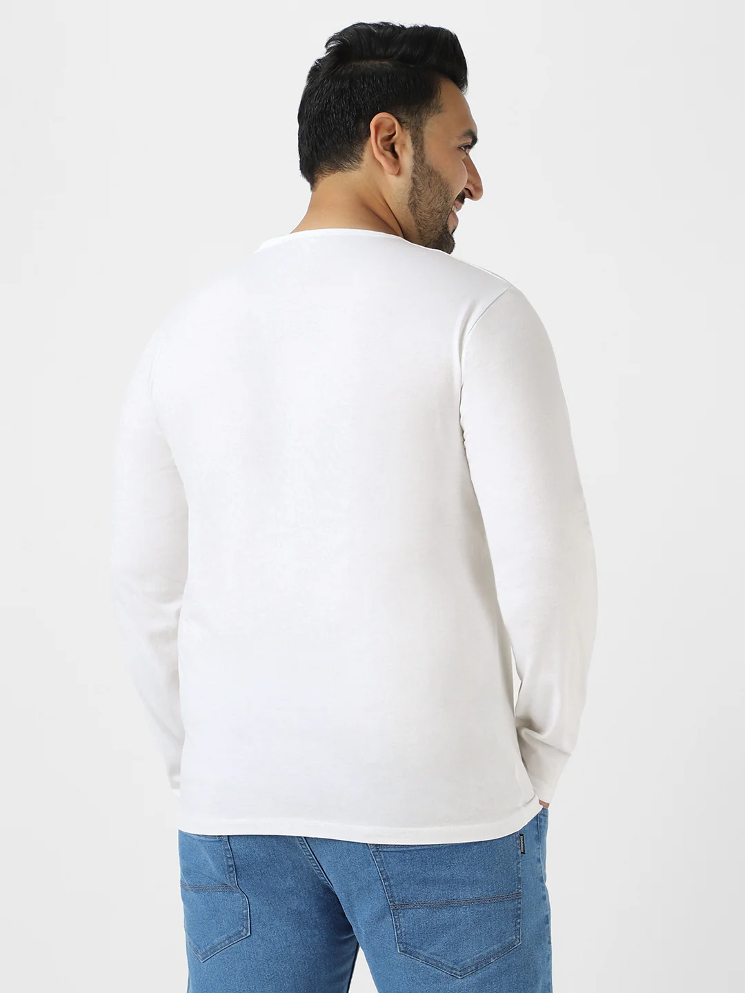 Plus Men's White Solid Henley Neck Regular Fit Full Sleeve Cotton T-Shirt - Image 4