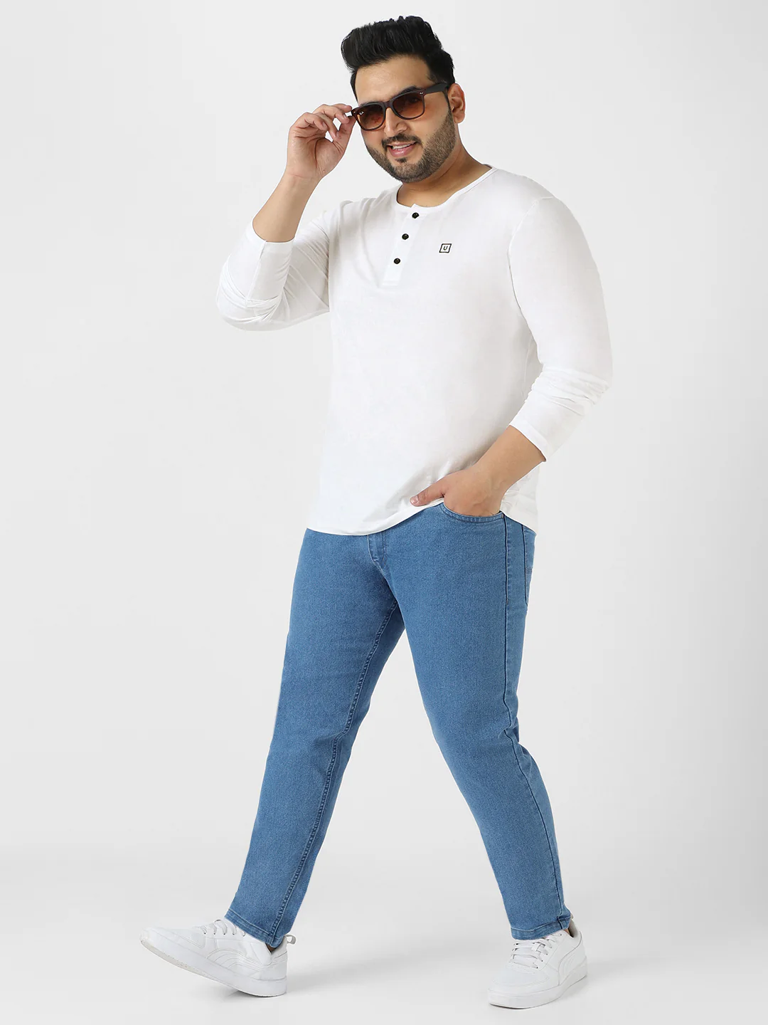 Plus Men's White Solid Henley Neck Regular Fit Full Sleeve Cotton T-Shirt - Image 5