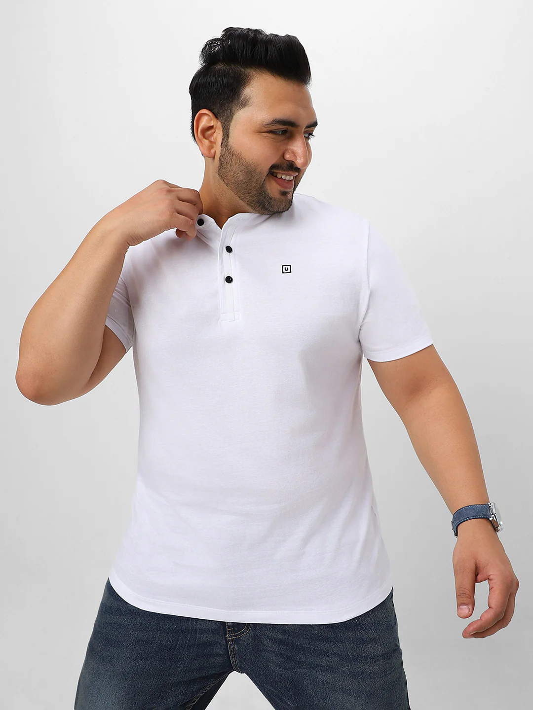Plus Men's White Solid Mandarin Collar Regular Fit Cotton T-Shirt - Image 2