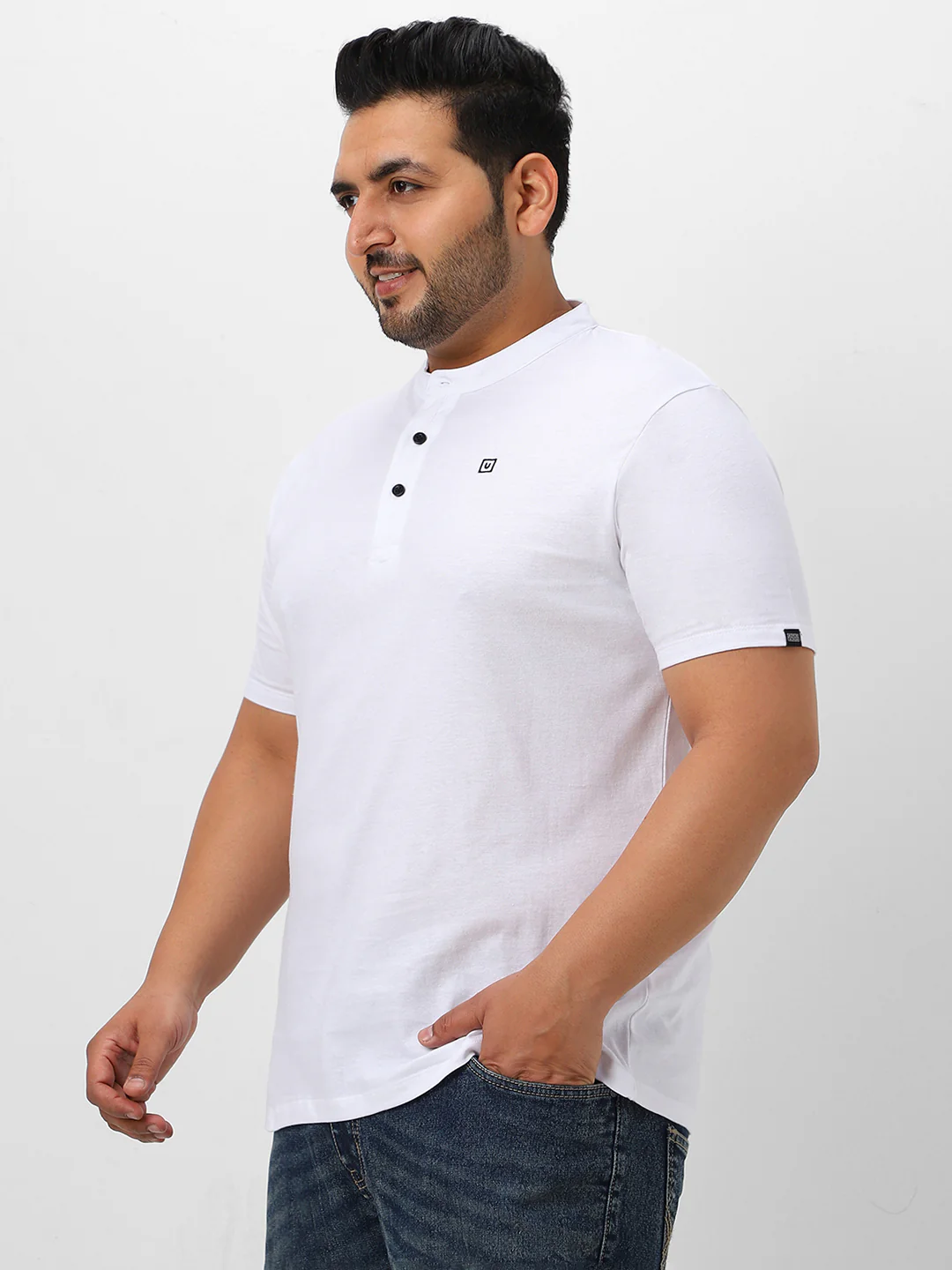 Plus Men's White Solid Mandarin Collar Regular Fit Cotton T-Shirt - Image 3
