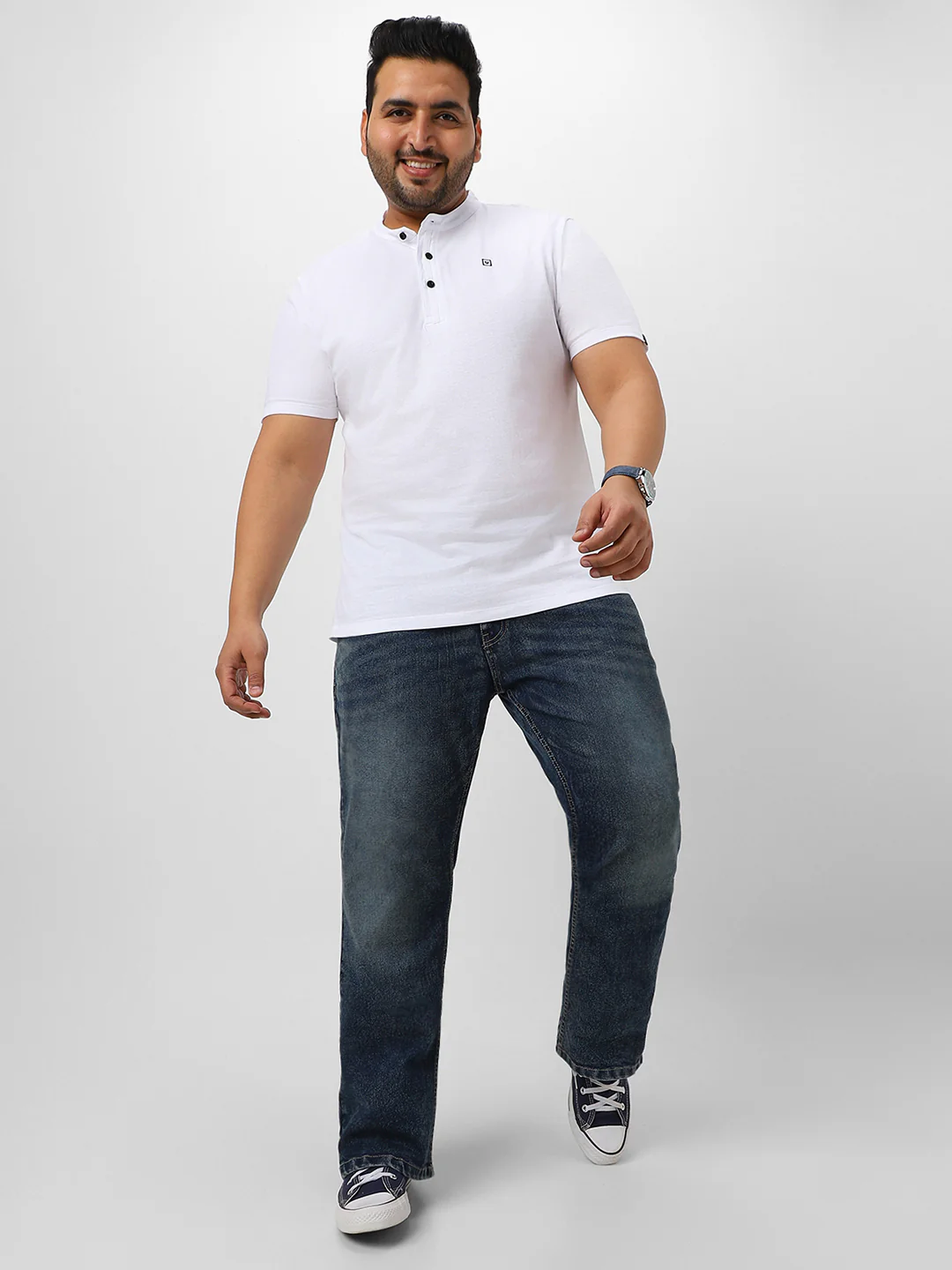 Plus Men's White Solid Mandarin Collar Regular Fit Cotton T-Shirt - Image 5