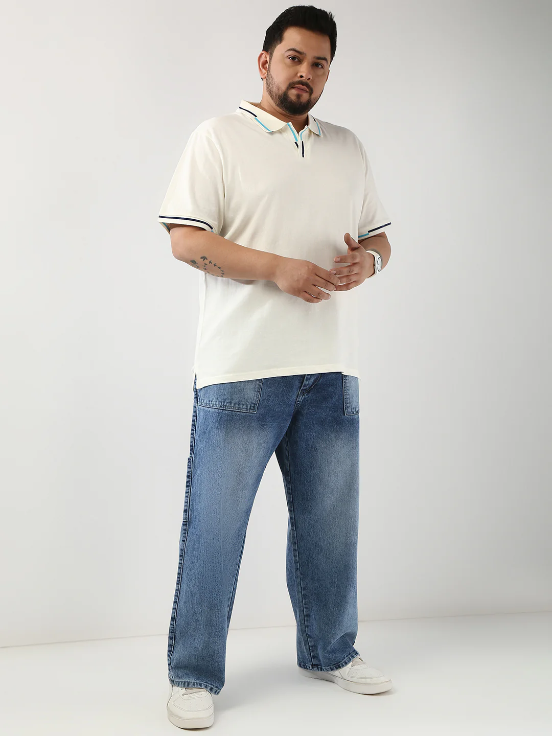 Plus Men's White Solid Regular Fit Half Sleeve Cotton Polo T-Shirt - Image 4