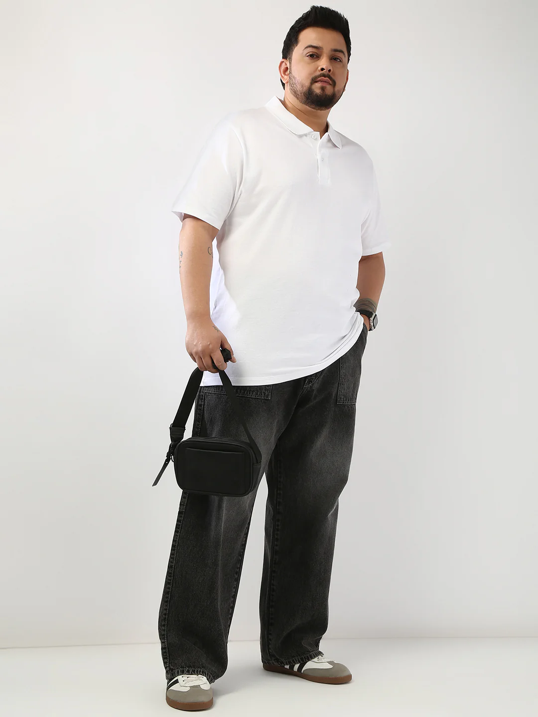 Plus Men's White Solid Regular Fit Half Sleeve Cotton Polo T-Shirt - Image 4