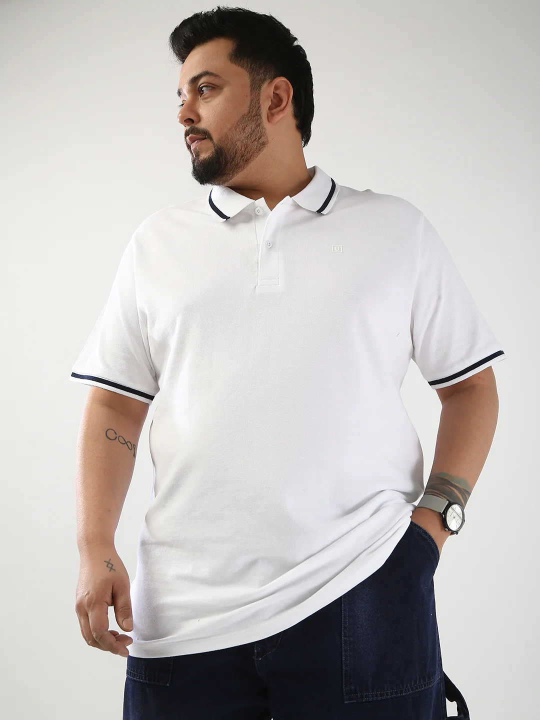 Plus Men's White Solid Regular Fit Half Sleeve Cotton Polo T-Shirt