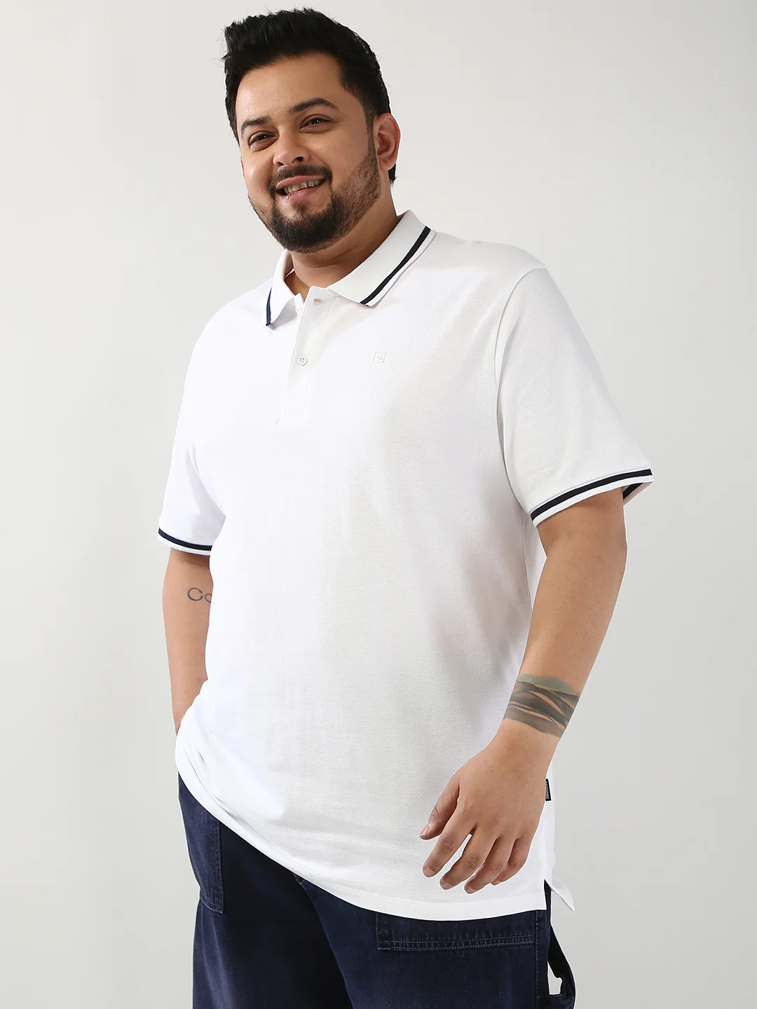 Plus Men's White Solid Regular Fit Half Sleeve Cotton Polo T-Shirt - Image 2