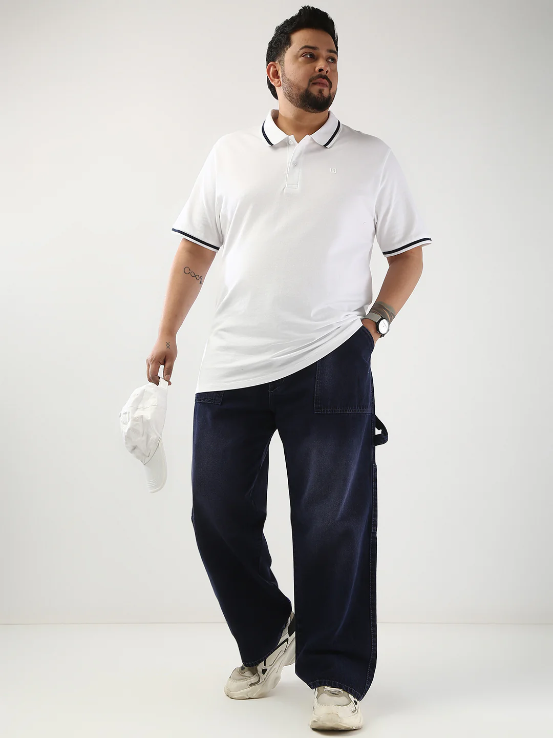 Plus Men's White Solid Regular Fit Half Sleeve Cotton Polo T-Shirt - Image 4