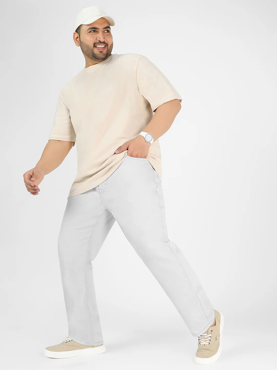 Plus Men's Whitish Grey Regular Fit Washed Jeans Stretchable - Image 4