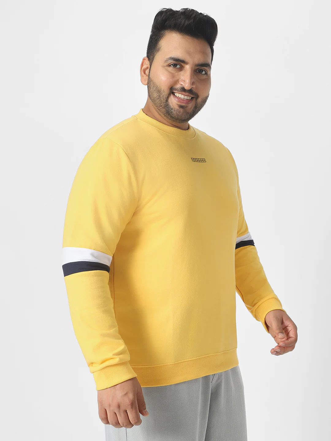 Plus Men's Yellow Cotton Color Block Round Neck Sweatshirt - Image 2
