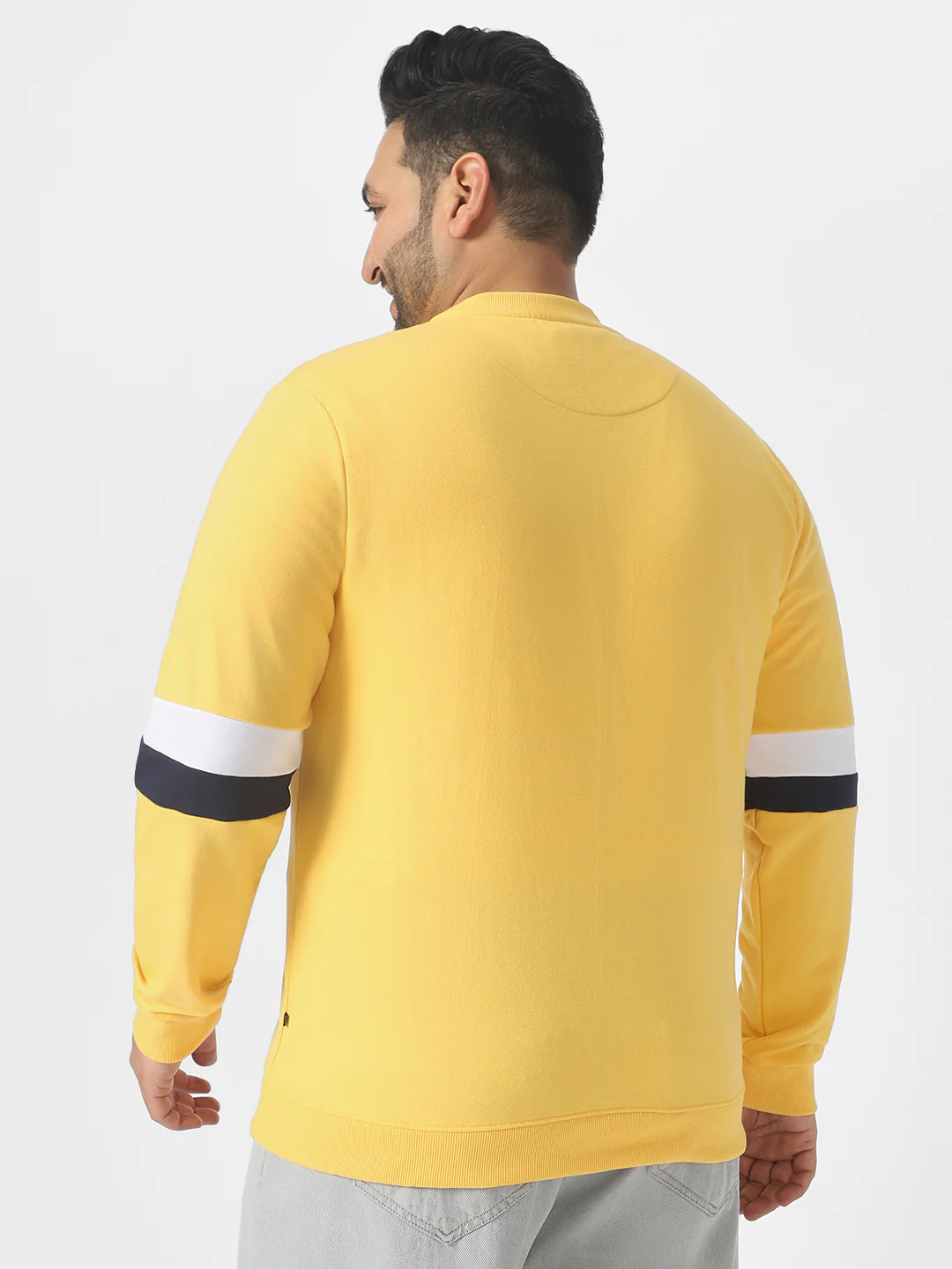 Plus Men's Yellow Cotton Color Block Round Neck Sweatshirt - Image 3