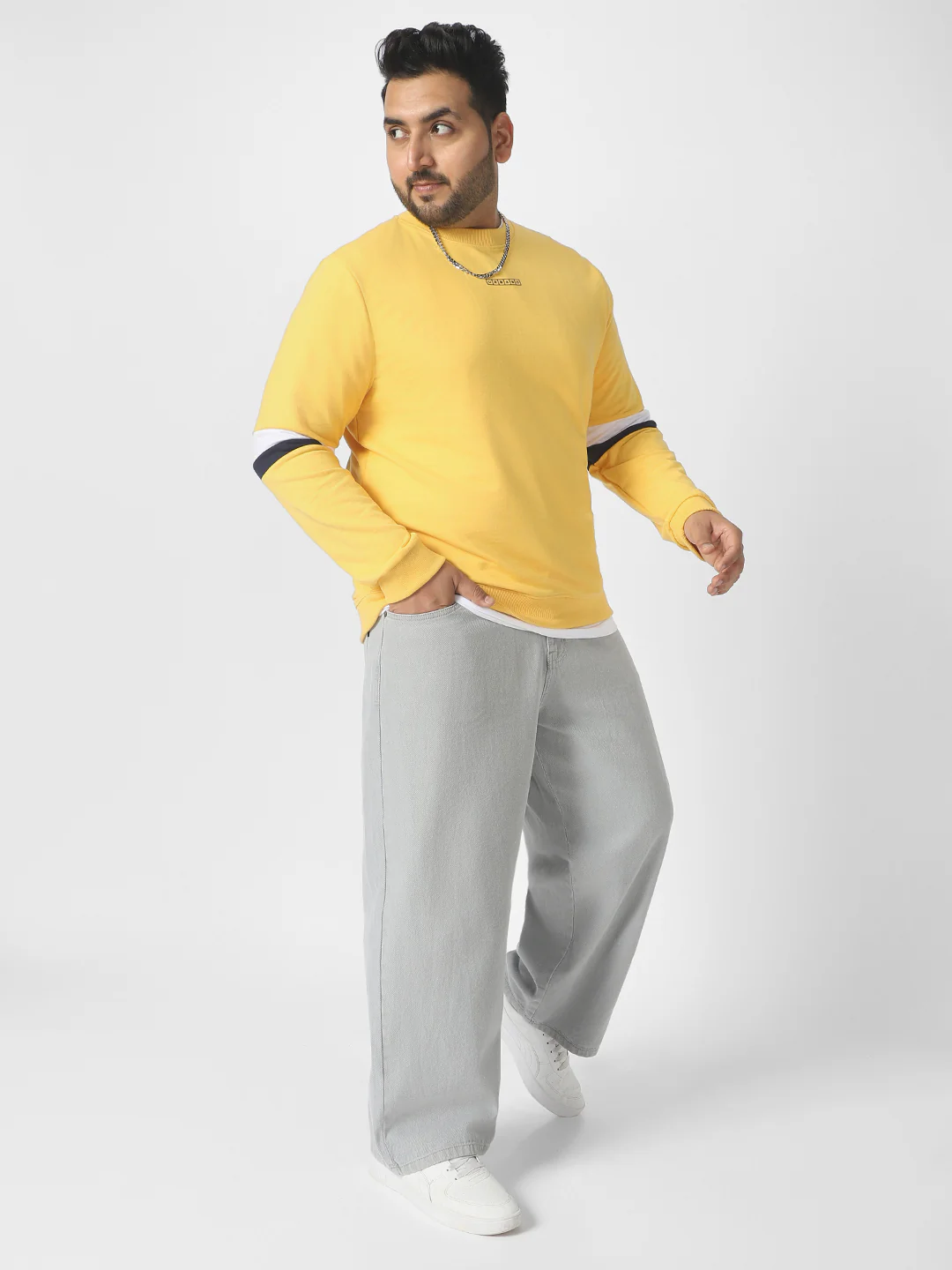 Plus Men's Yellow Cotton Color Block Round Neck Sweatshirt - Image 4