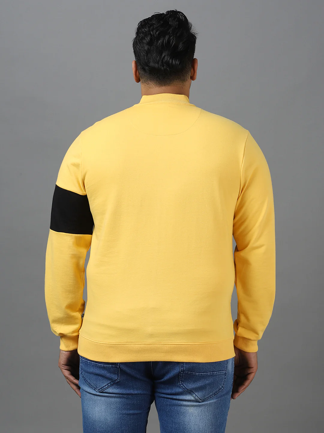 Plus Men's Yellow Cotton Color Block Round Neck Sweatshirt - Image 3