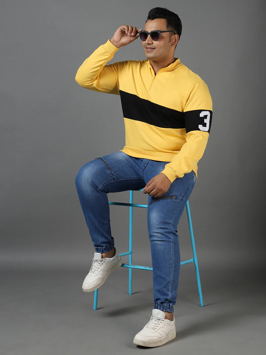 Plus Men's Yellow Cotton Color Block Round Neck Sweatshirt - Image 4