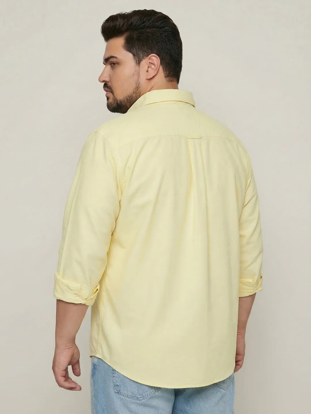 Plus Men's Yellow Cotton Full Sleeve Regular Fit Solid Oxford Shirt With Button-Down Collar - Image 3