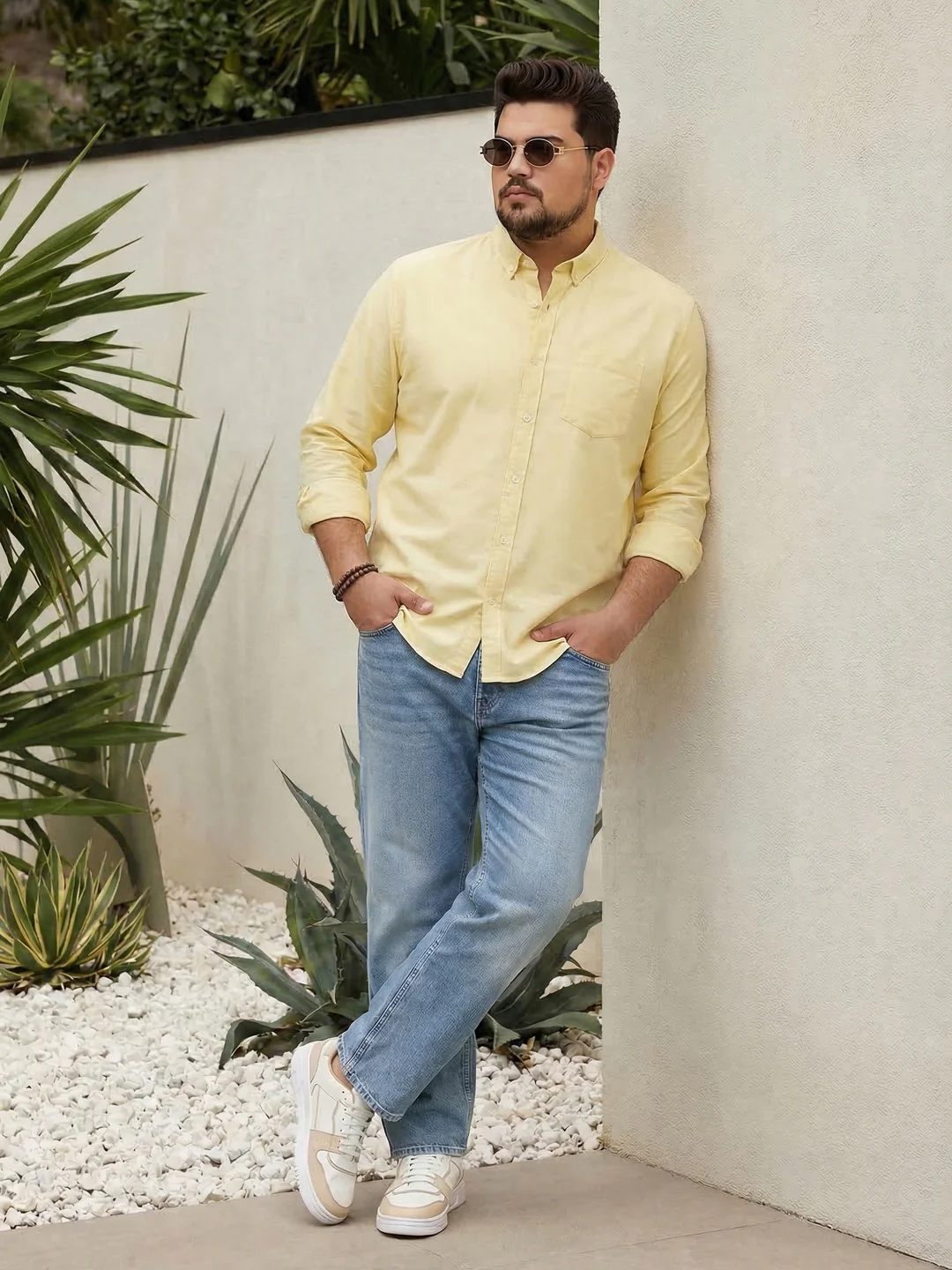 Plus Men's Yellow Cotton Full Sleeve Regular Fit Solid Oxford Shirt With Button-Down Collar - Image 4