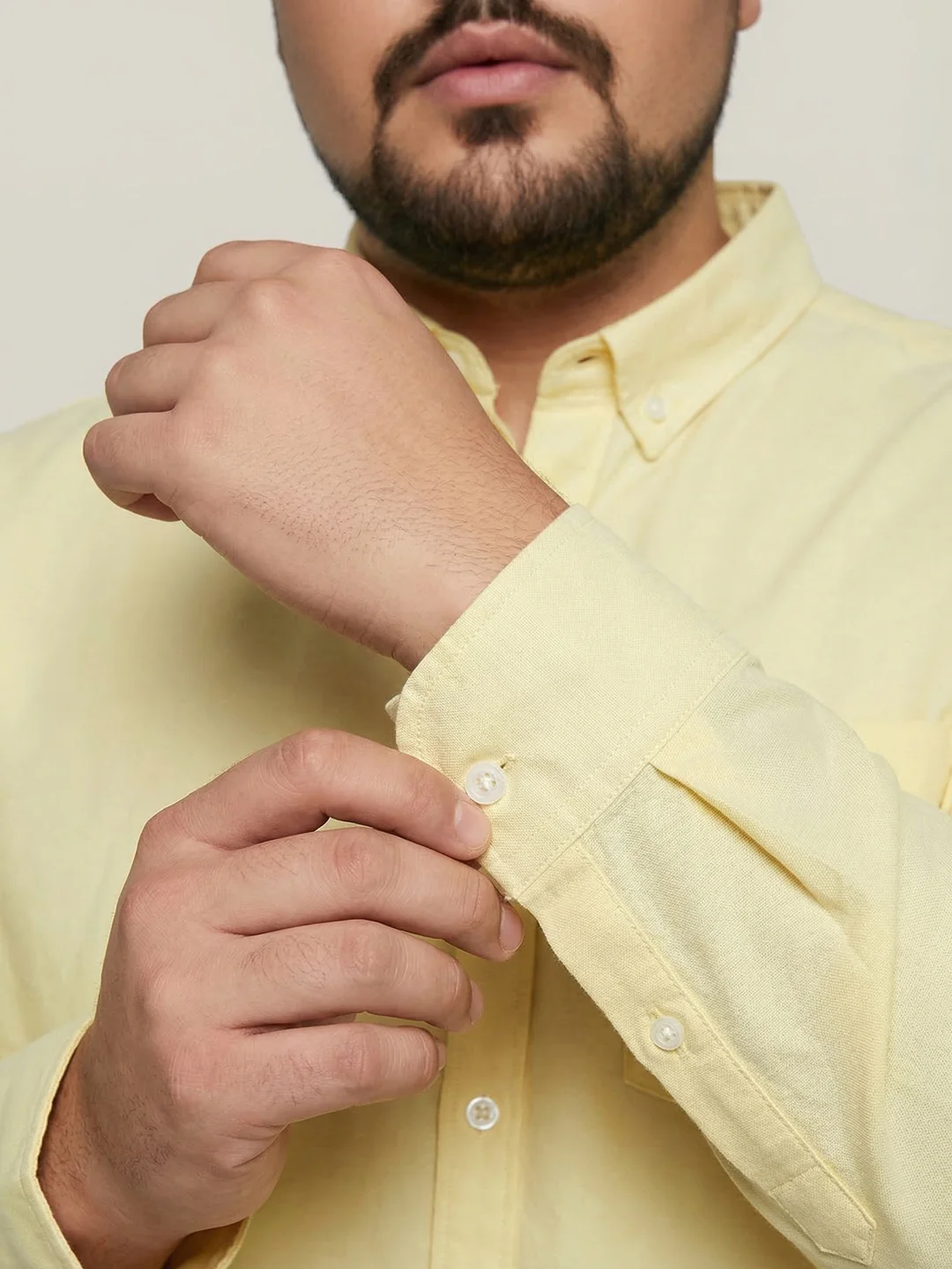 Plus Men's Yellow Cotton Full Sleeve Regular Fit Solid Oxford Shirt With Button-Down Collar - Image 5