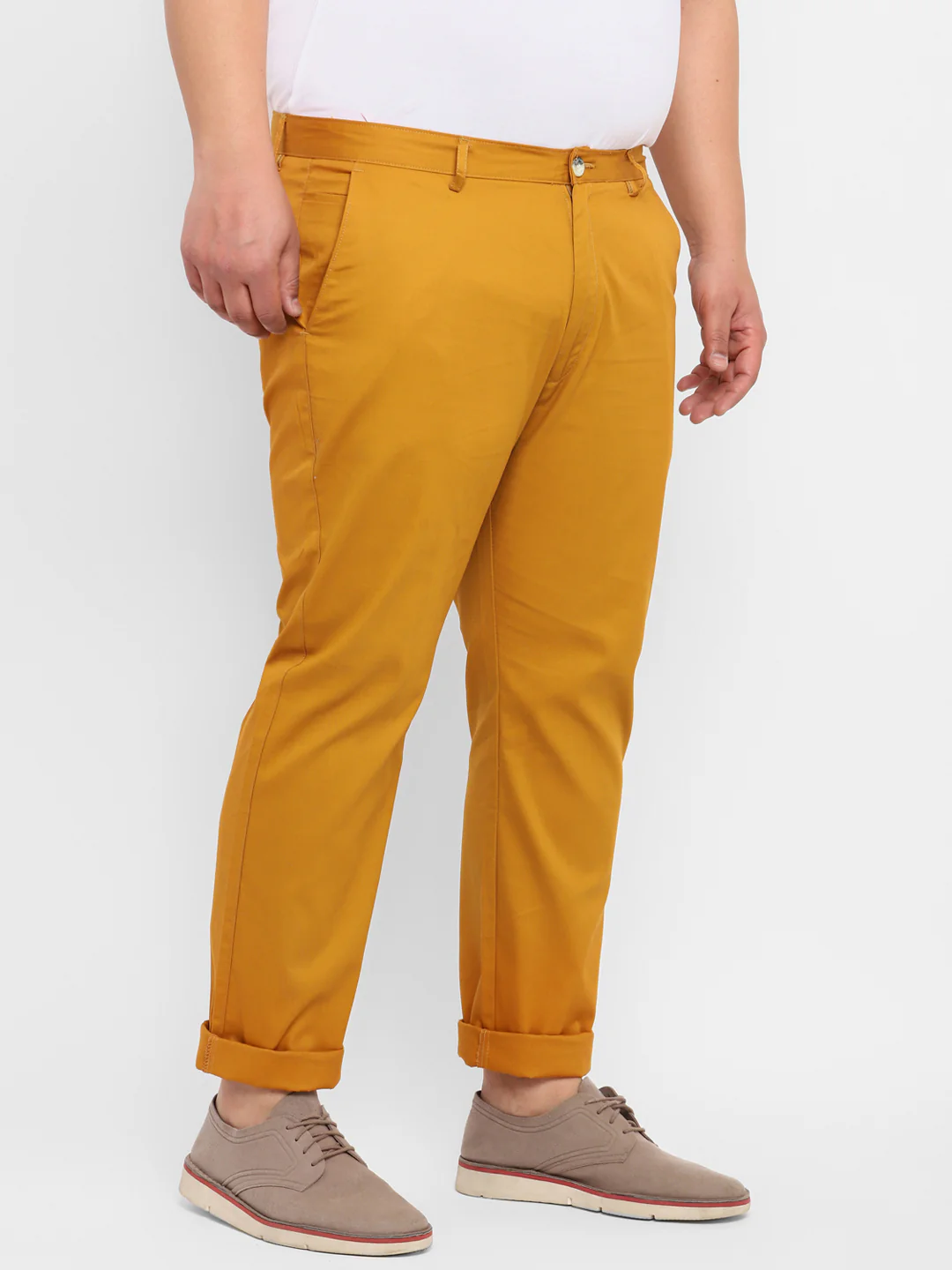 Plus Men's Yellow Cotton Regular Fit Casual Chinos Trousers - Image 2