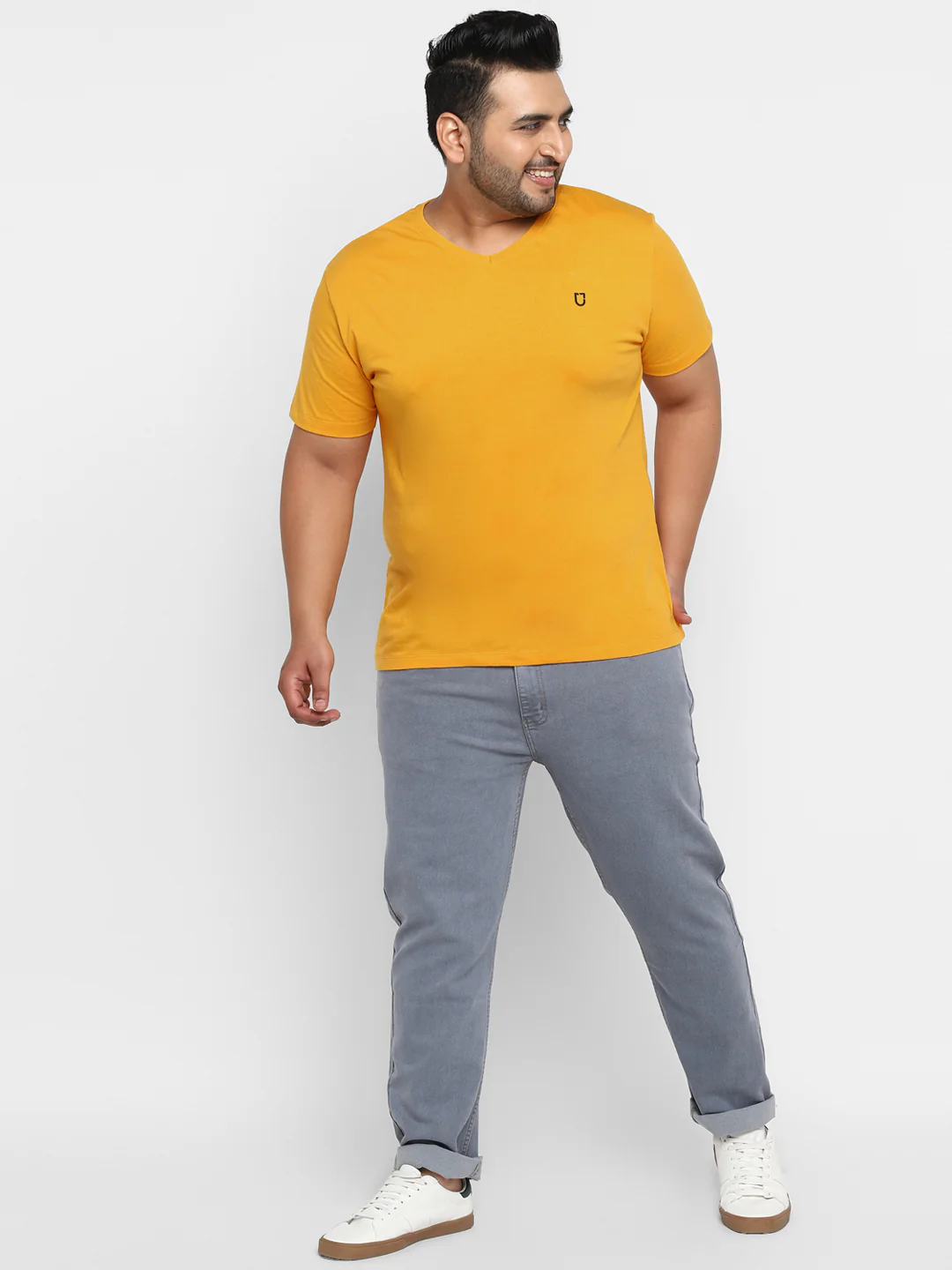 Plus Men's Yellow Printed Full Sleeve Regular Fit Cotton T-Shirt - Image 4