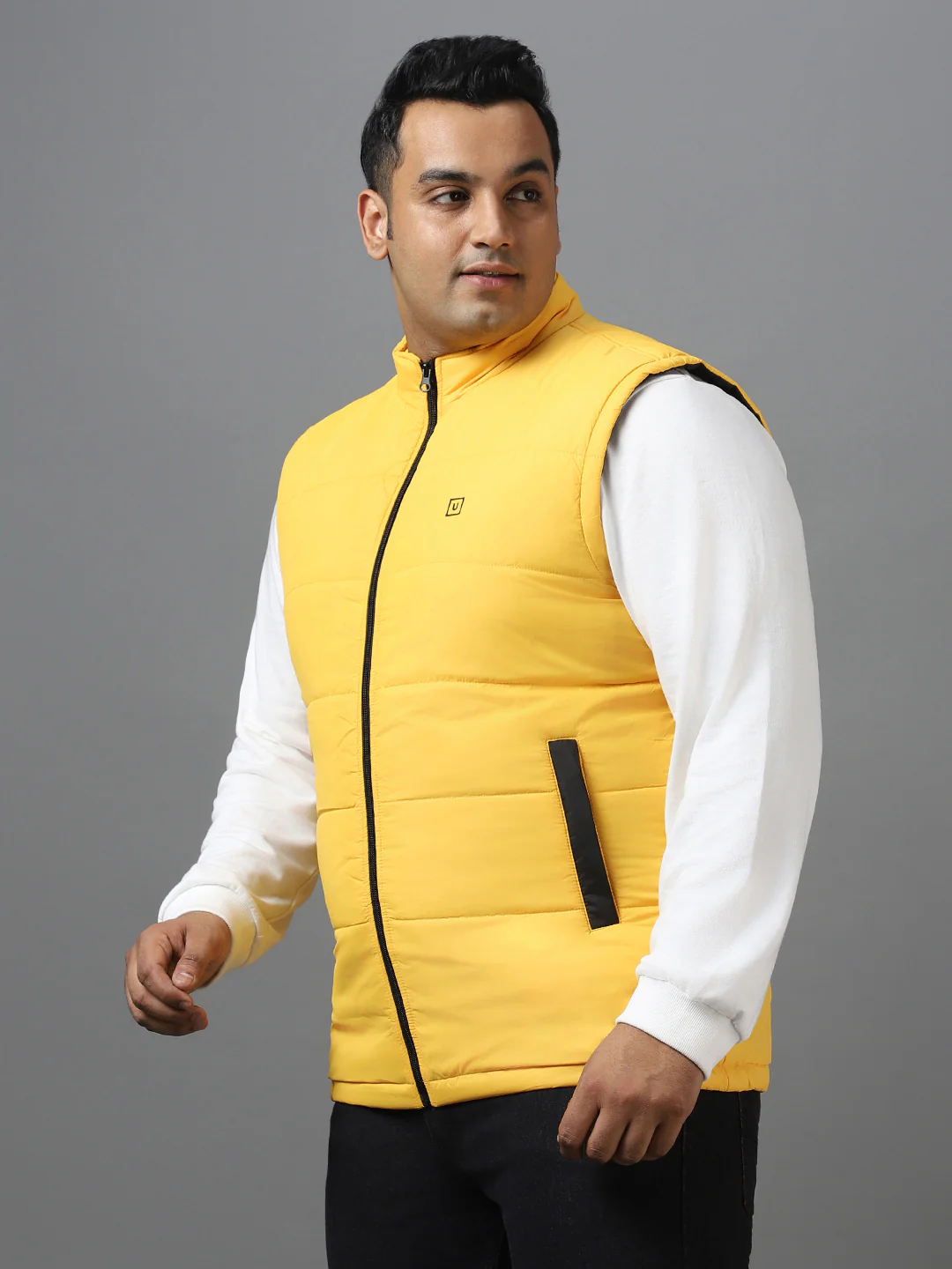 Plus Men's Yellow Sleeveless Zippered Puffer Jacket - Image 3