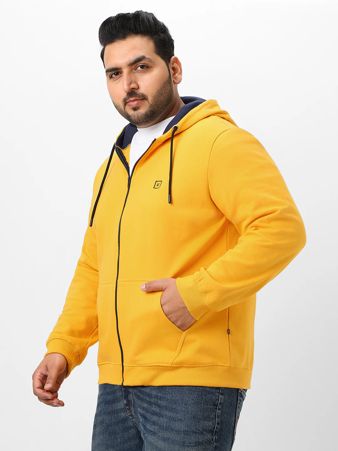 Plus Men's Yellow Solid Cotton Zippered Hooded Casual Winterwear Sweatshirt - Image 3
