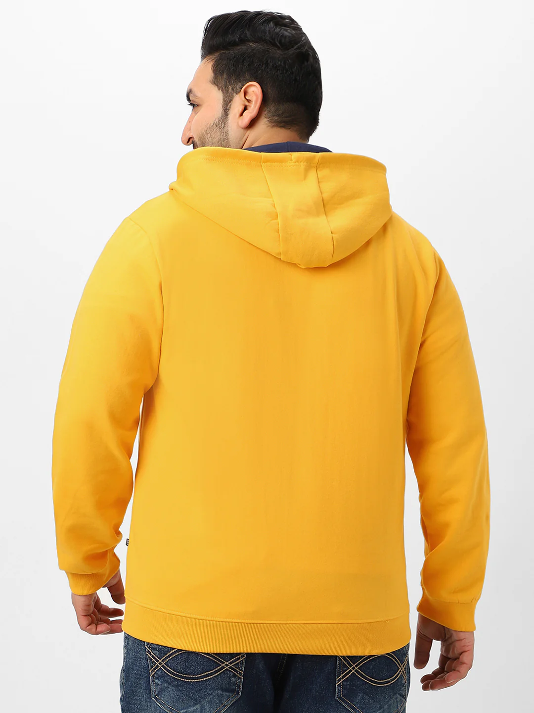 Plus Men's Yellow Solid Cotton Zippered Hooded Casual Winterwear Sweatshirt - Image 4