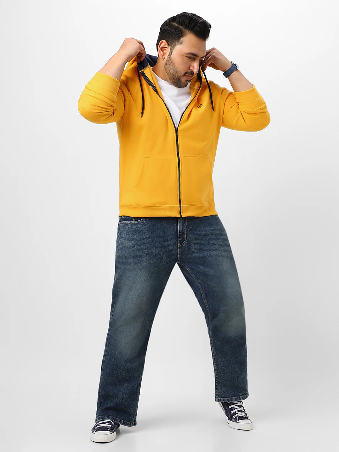 Plus Men's Yellow Solid Cotton Zippered Hooded Casual Winterwear Sweatshirt - Image 5