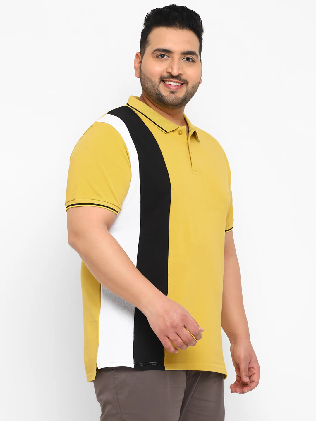 Plus Men's Yellow, White, Black Colour-Block Regular Fit Half Sleeve Cotton Polo T-Shirt - Image 2