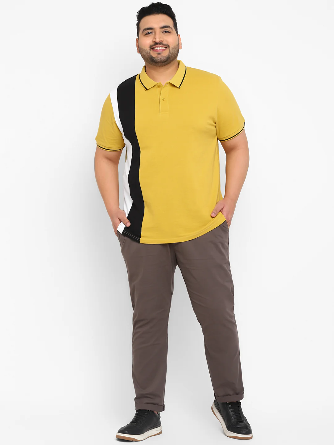 Plus Men's Yellow, White, Black Colour-Block Regular Fit Half Sleeve Cotton Polo T-Shirt - Image 4
